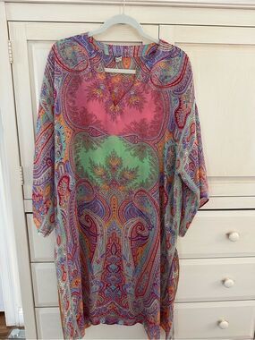 ETRO Silk Printed Kaftan Dress Paisley Vneck Draped Sleeve